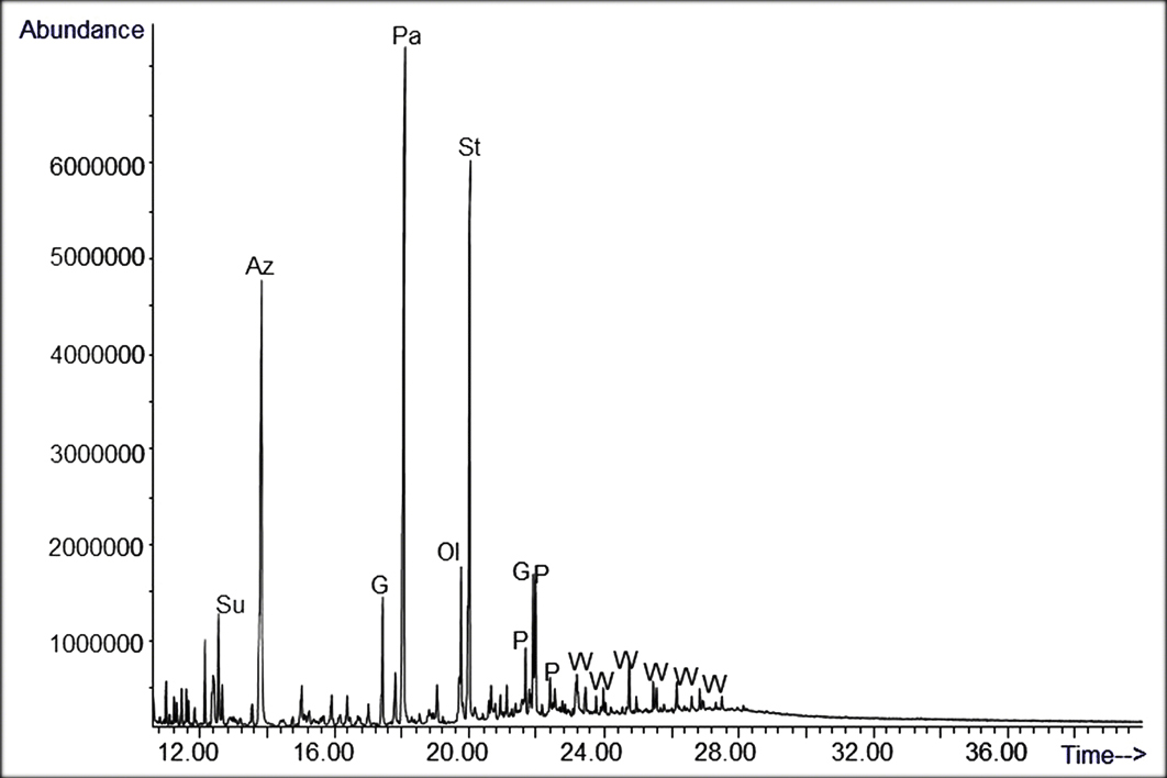 mittels GC-MS VerfahrenDiagramm von detektierten Bestandteilen einer Malschicht (Öle, Wachse, Harze usw.)
