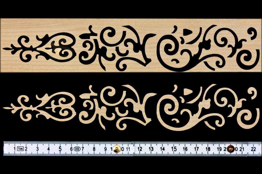mittels digitaler Bilder und PfadeMit Water jet cutting angefertigte Ergänzungen aus Holz