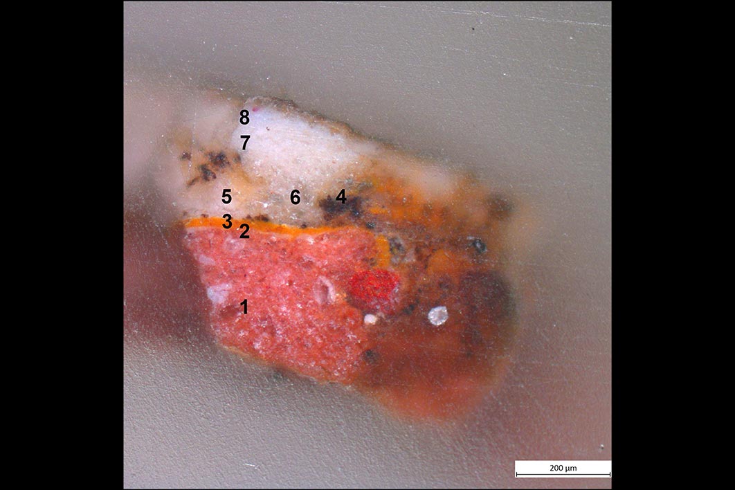 gefasst auf HolzLaboranalysen: Zur Feststellung des Fassungaufbaues und der Materialität wurden kleinste<br>Materialproben entnommen und mikroskopiert (optisch und mit Rasterelektronenmikroskop).